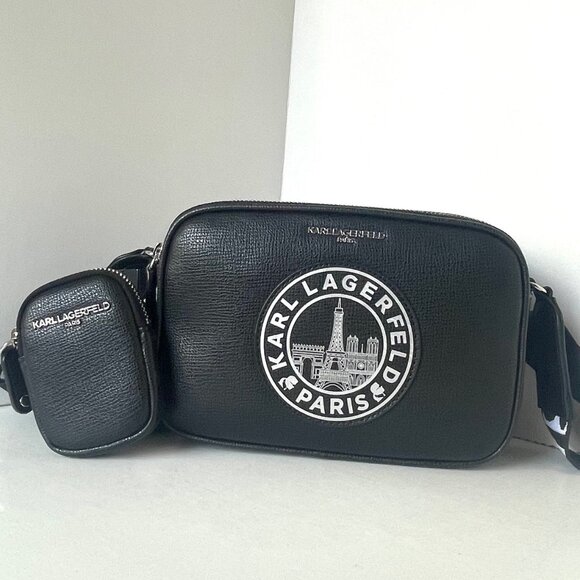 Karl Lagerfeld Maybelle Crossbody Black Ikons Eifel Airpods Coin Case Paris - Picture 1 of 9